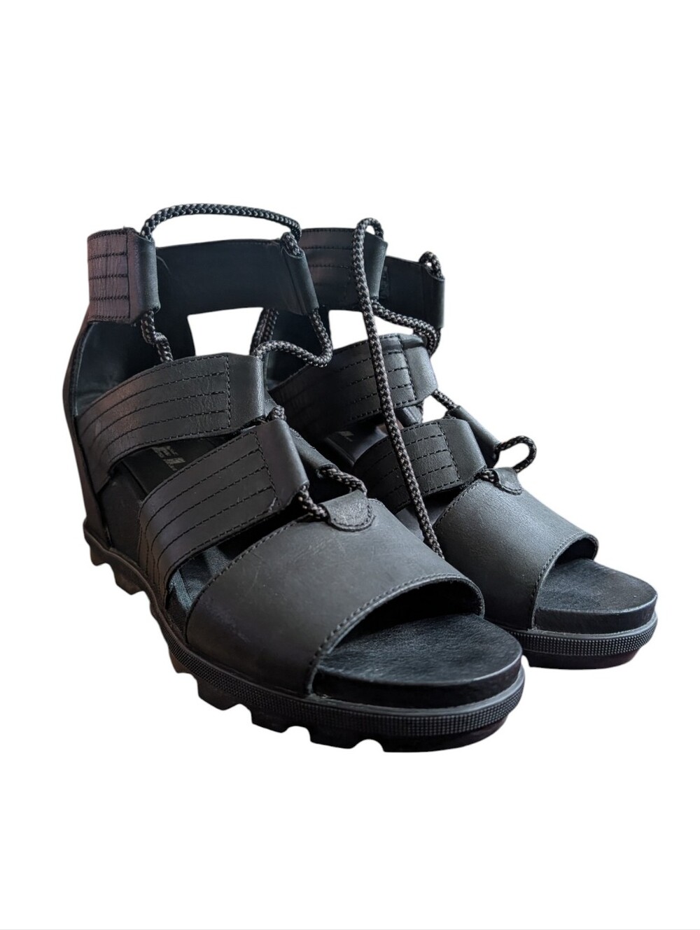 Sorel Joanie Lace Wedge Sandals Black Leather Hidden Wedge Gladiator Size 10.5 - Picture 5 of 10